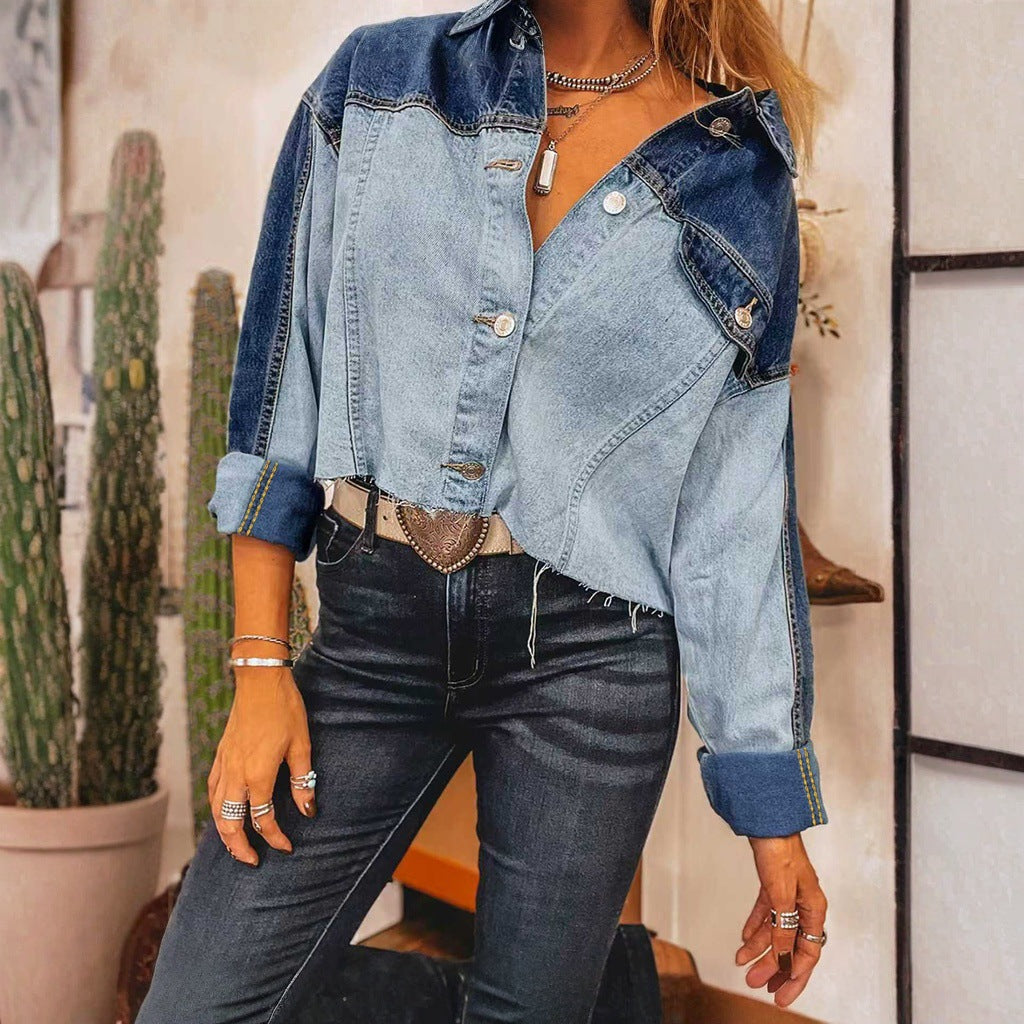Cross-border foreign trade women's denim jacket color-blocked long sleeve button-down patchwork flap hem cropped denim jacket