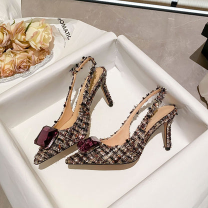 WO Huizhou City 2026 New Fashion Small Fragrance European and American Toe Back Air Sandals Coarse Tweed Gemstone Pointed Thin Heels