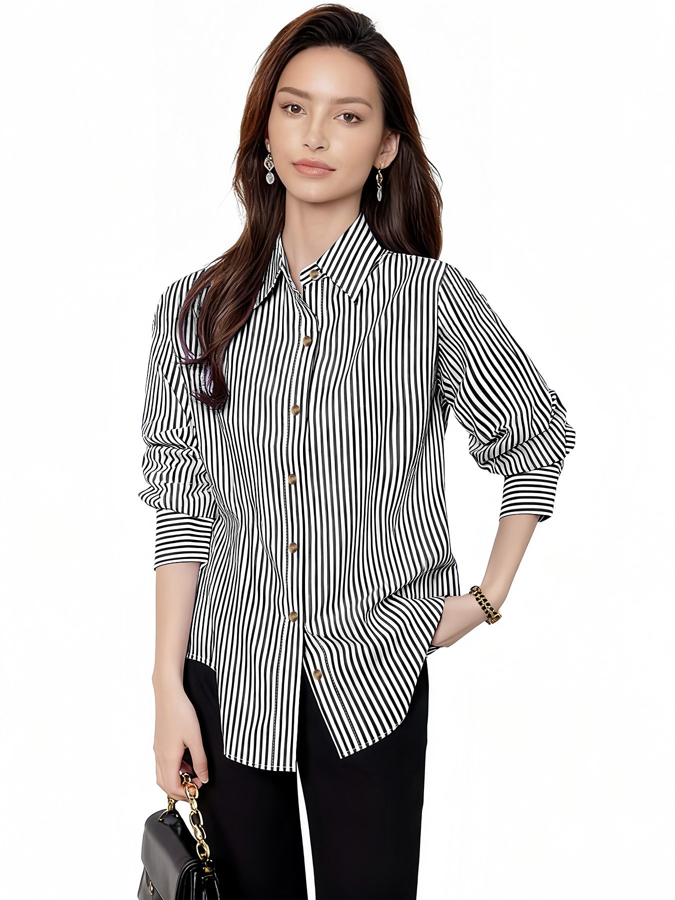 Women's vertical striped shirt, loose lapel-collar long-sleeve shirt, casual commuting versatile striped shirt