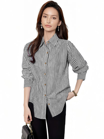 Women's vertical striped shirt, loose lapel-collar long-sleeve shirt, casual commuting versatile striped shirt