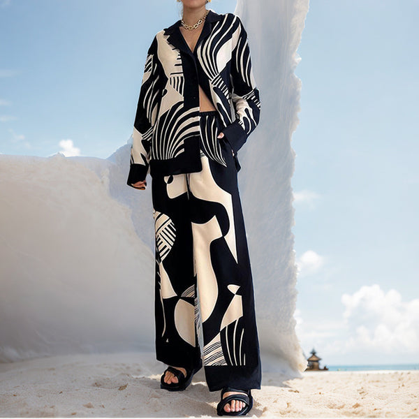 European and American Clothing 2025 Spring New Temperament Elegant Home Style Printed Long Sleeve Pants Casual Fashion Suit