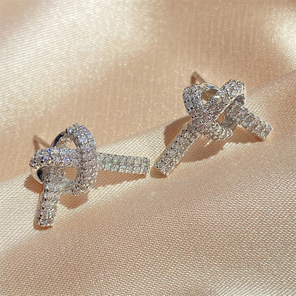Exclusive for foreign trade, light luxury heart-shaped cord knots, zircon-filled earrings, simple silver micro-diamond-set women's earrings, Temu bestseller