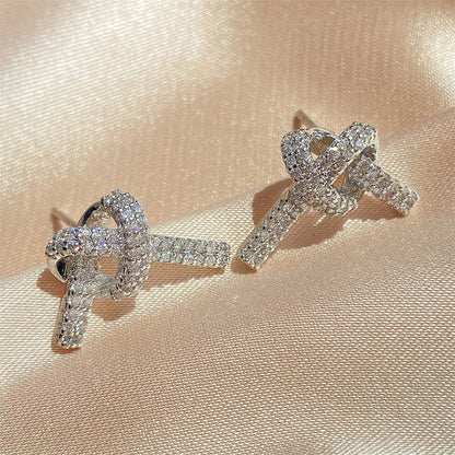 Exclusive for foreign trade, light luxury heart-shaped cord knots, zircon-filled earrings, simple silver micro-diamond-set women's earrings, Temu bestseller