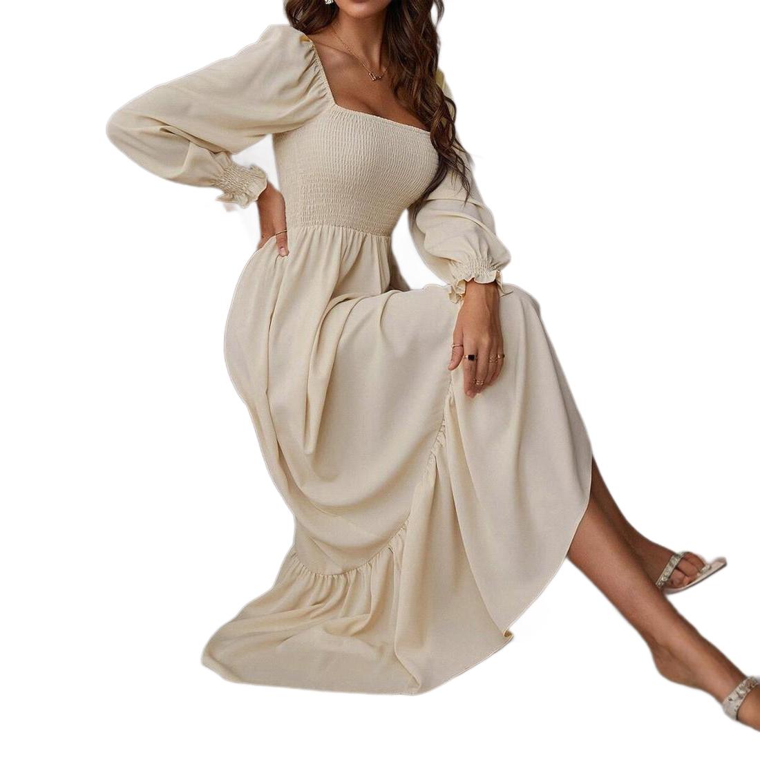 Cross-border, Europe and the United States, spring and autumn 2024, pullover, square neck, long sleeves, ruffled high-waisted, tight-fitting temperament, large swing dress