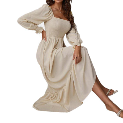 Cross-border, Europe and the United States, spring and autumn 2024, pullover, square neck, long sleeves, ruffled high-waisted, tight-fitting temperament, large swing dress