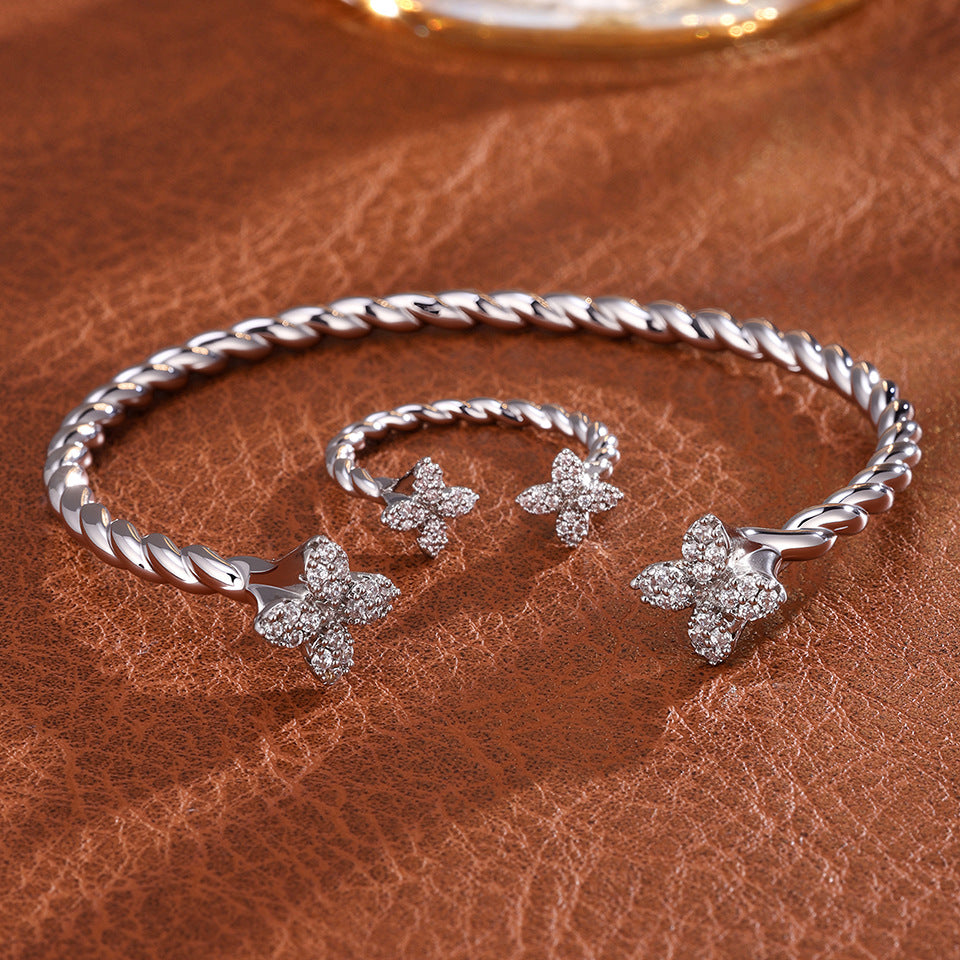 Open copper inlaid zirconia four-leaf clover diamond fashionable commuting simple versatile elegant bracelet ring set for women