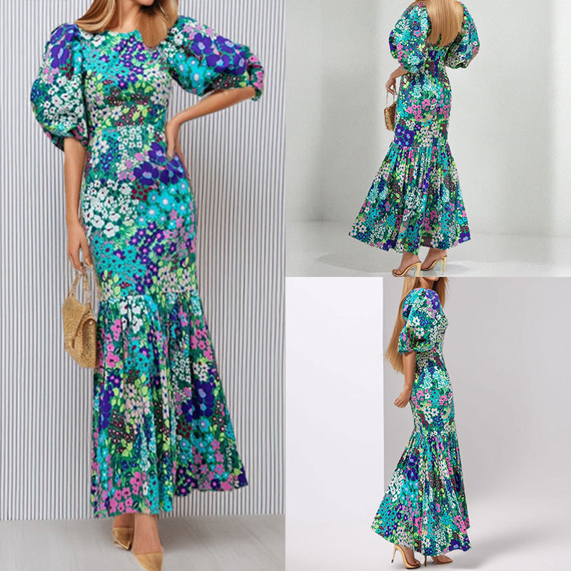 Cross-border women's clothing 2026 new fashion long skirt printed floral small daisy pastoral slim crew neck mermaid dress