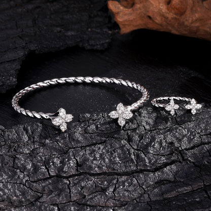 Open copper inlaid zirconia four-leaf clover diamond fashionable commuting simple versatile elegant bracelet ring set for women