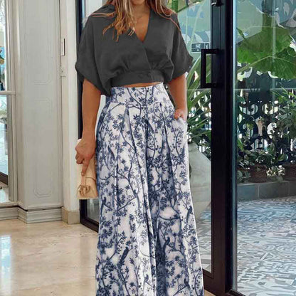 Independent station European and American women's fashion V-neck sexy cropped top casual loose print wide-leg pants two-piece set for women