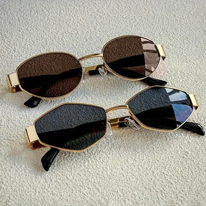 2 sets of oval metal small frame sunglasses for women, sophisticated fashion street style sunshade glasses paired with trendy sunglasses