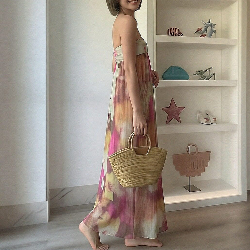 2026 spring new cross-border European and beautiful women's clothing sexy printed bandeau dress temperament commuter fashion long skirt