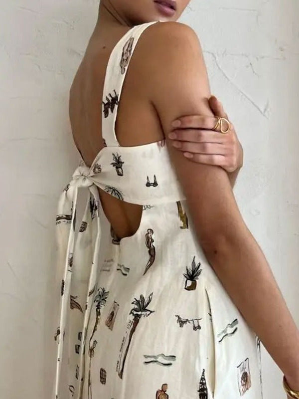 2026 AliExpress bow strap spring long skirt European and beautiful clothing print sexy backless camisole dress for women