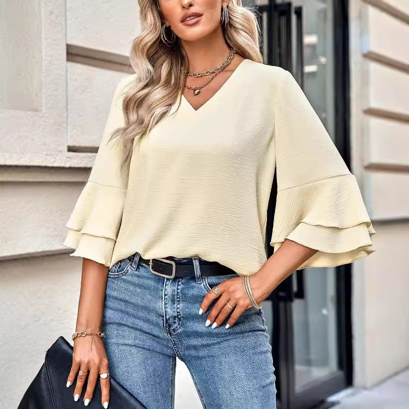 Cross-border Amazon 2023 European and American fashion new foreign trade loose V-neck ruffled sleeve casual top