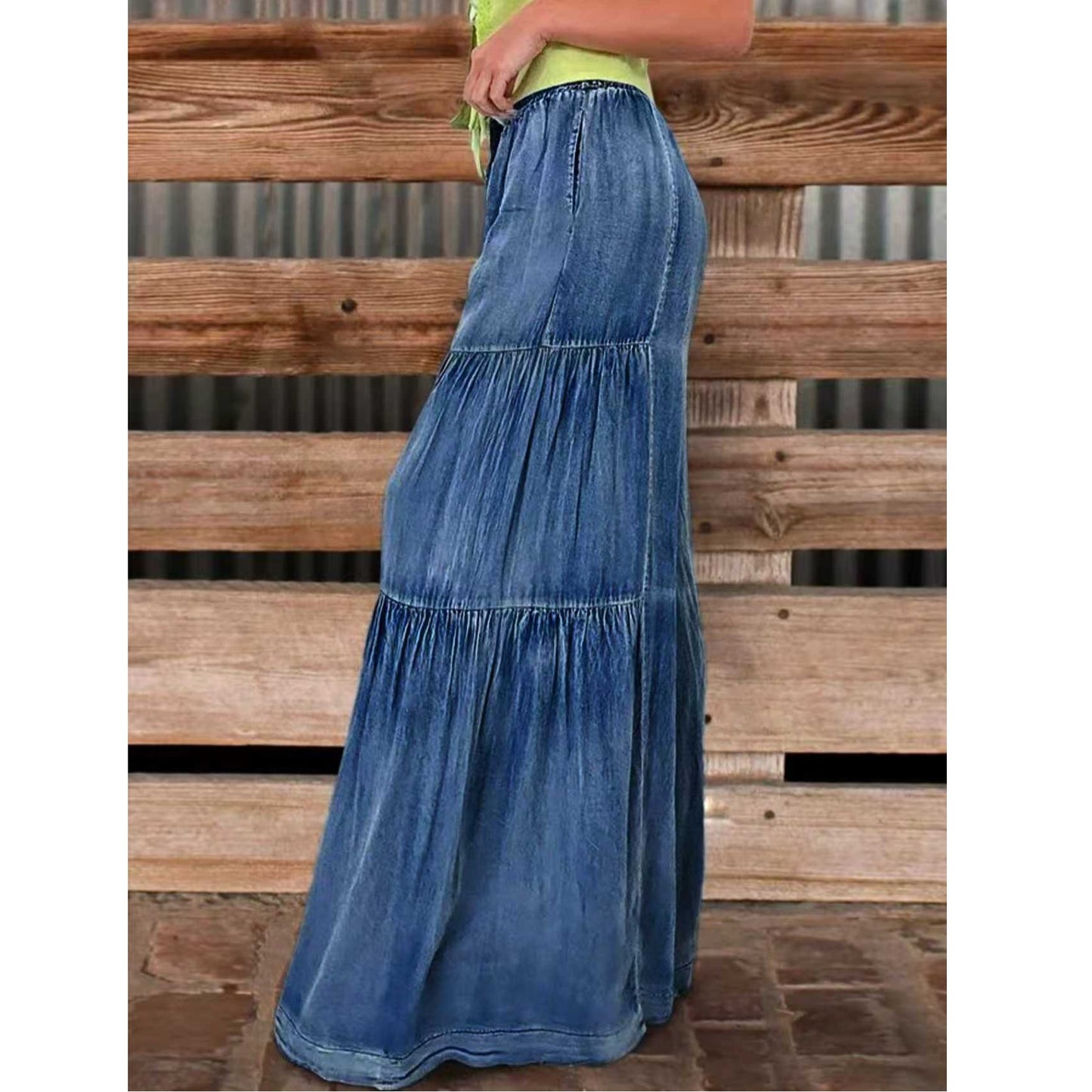 Retro-style layered spliced denim wide-leg pants women's high-waisted, elasticated waist, large flared drape, floor-length casual trousers