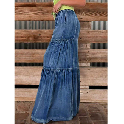 Retro-style layered spliced denim wide-leg pants women's high-waisted, elasticated waist, large flared drape, floor-length casual trousers