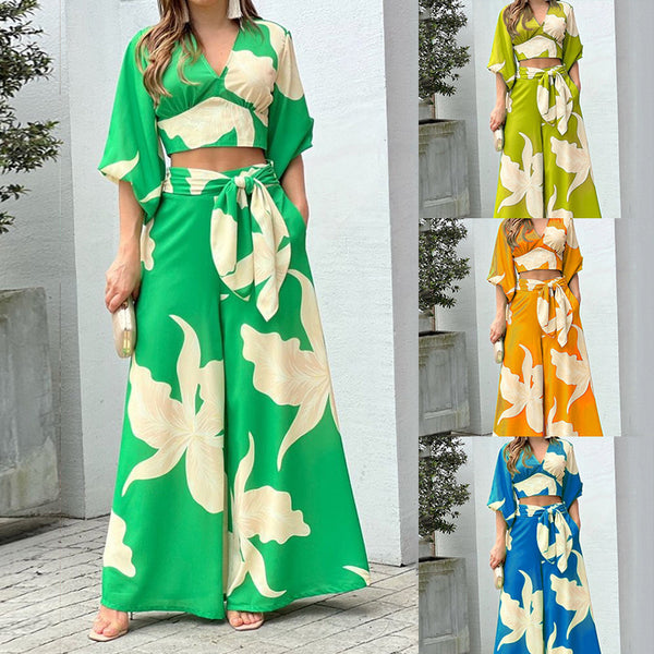 2026 Amazon European and American Women's V-neck lantern sleeves long sleeve short top wide-leg pants fashion suit women's two-piece set