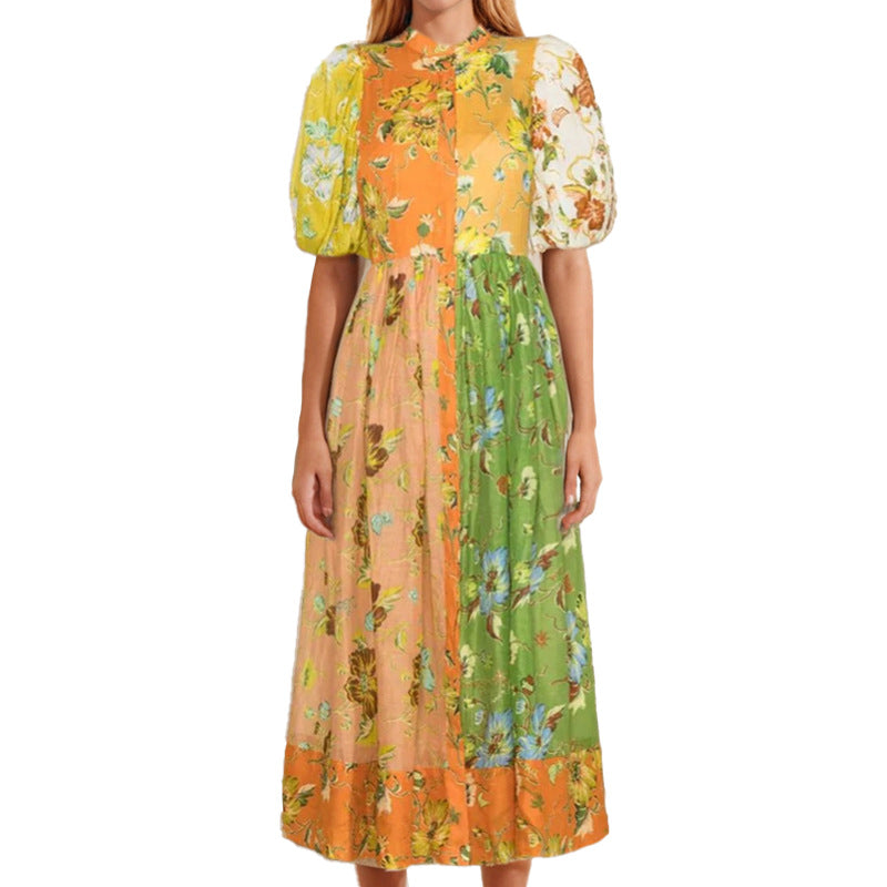 AliExpress independent station 2025 summer new cross-border European and American elegant commuter print contrast splicing dress women