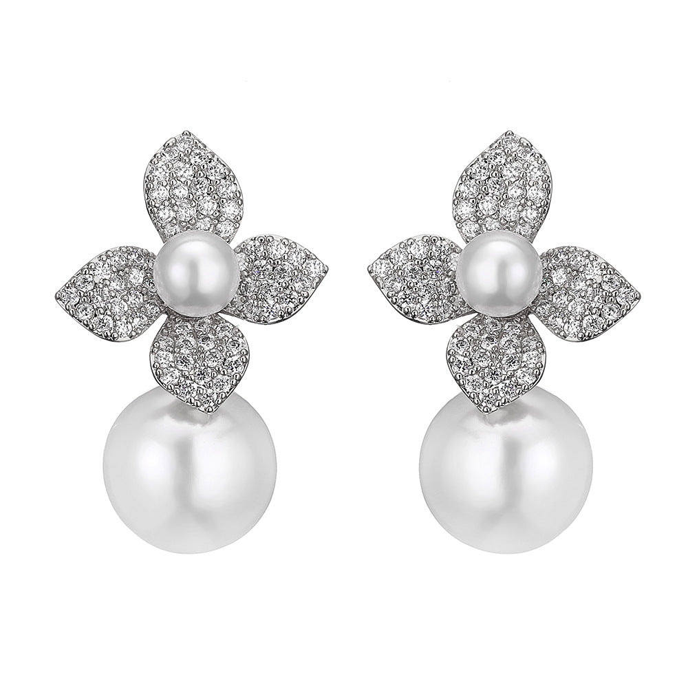French niche design pearl earrings for women, high-end creative floral minimally inlaid zircon ear accessories for women