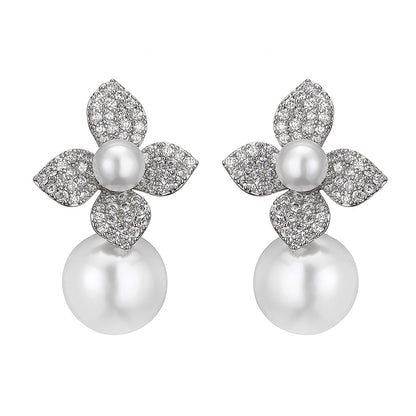 French niche design pearl earrings for women, high-end creative floral minimally inlaid zircon ear accessories for women