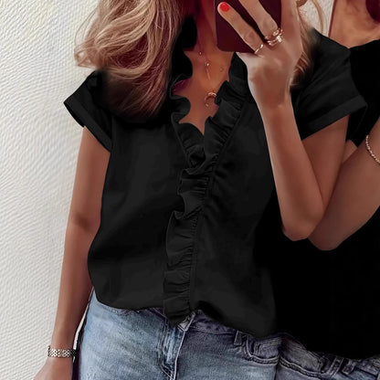 Cross-border European and American women's plus-size short-sleeve ruffled collar women's short-sleeve new shirt