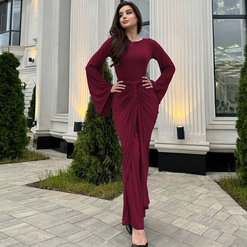 European and American women's autumn new solid color long sleeve slim temperament dress pleated waist strap hip skirt for women