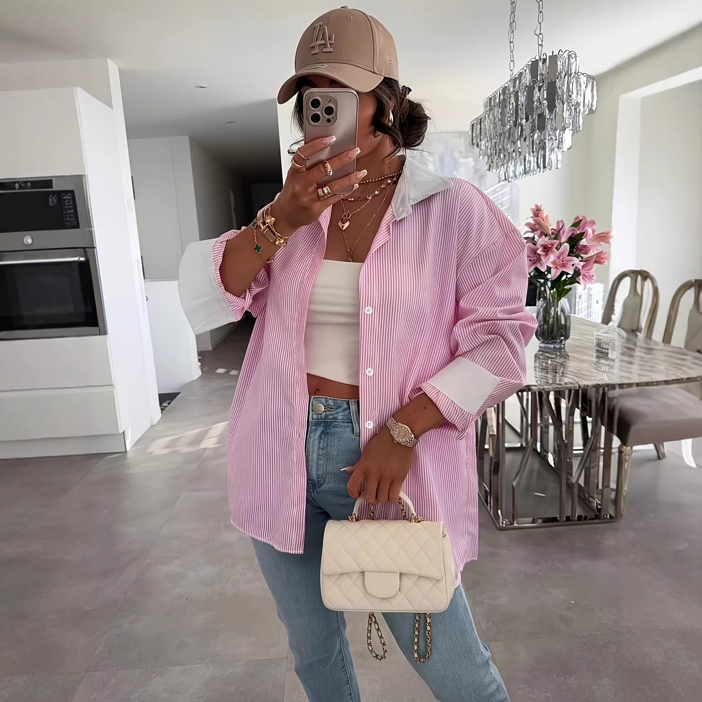 Cross-border European and American new fashionable casual plus-size women's clothing, long-sleeve striped lapel plus-size shirts