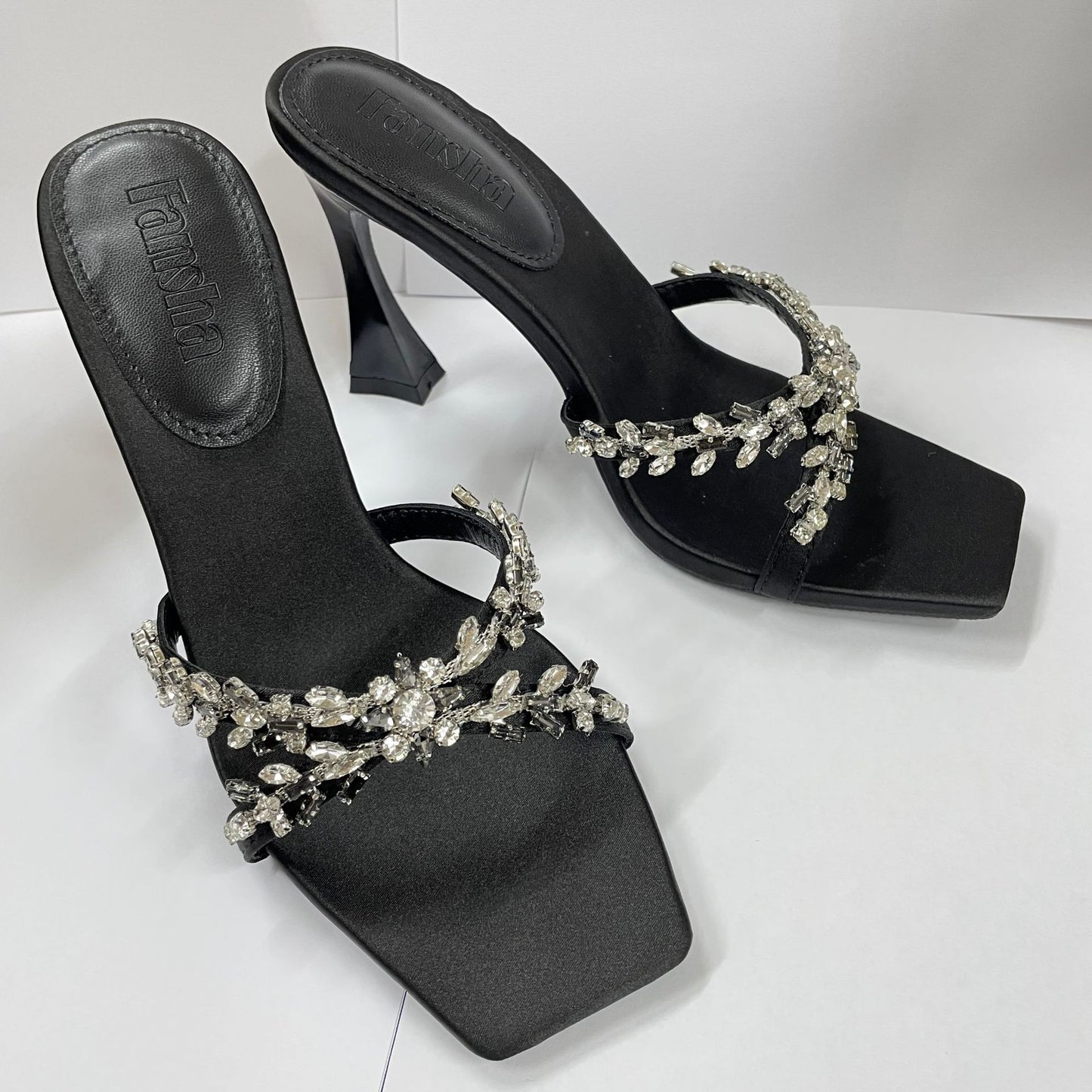 2026 summer European and American silk satin thin heel cross rhinestone square toe open toe slippers high heel slippers fashionable and sexy style