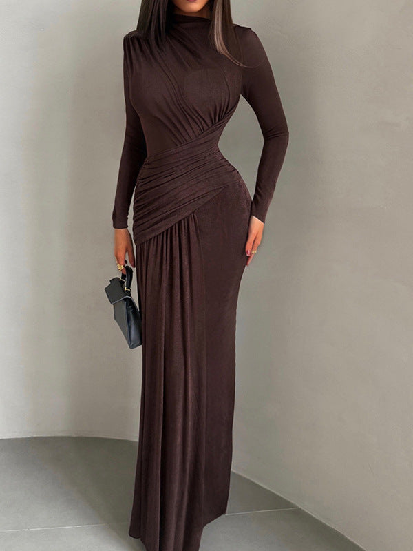 Cross-border autumn new women's celebrity style solid color crew neck asymmetrical pleated slim hip wrap dress for women