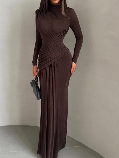 Cross-border autumn new women's celebrity style solid color crew neck asymmetrical pleated slim hip wrap dress for women