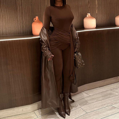 2025 new cross-border European and American style splicing with metal buckle long-sleeved jumpsuit fashionable casual tights