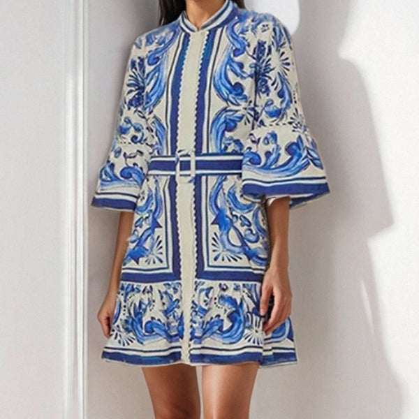 2026 spring/summer new European and American women's clothes crew neck flared sleeves single-breasted printed casual skirt European and American dresses for women