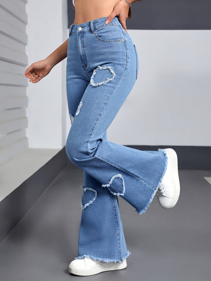 European and American women's jeans, stretch heart, pattern, ripped flared pants, fashionable casual pants, WOMEN JEANS