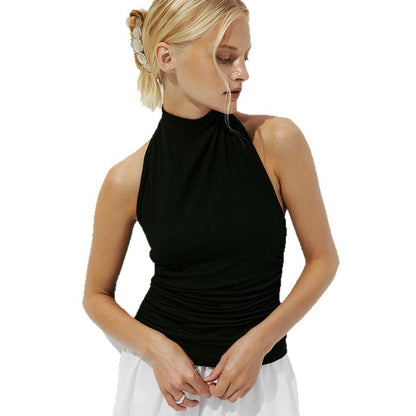 Roupa de mulher europeia e americana, verão 2025, novo estilo, cropped top sem mangas com decote halter e costas abertas, cor sólida.