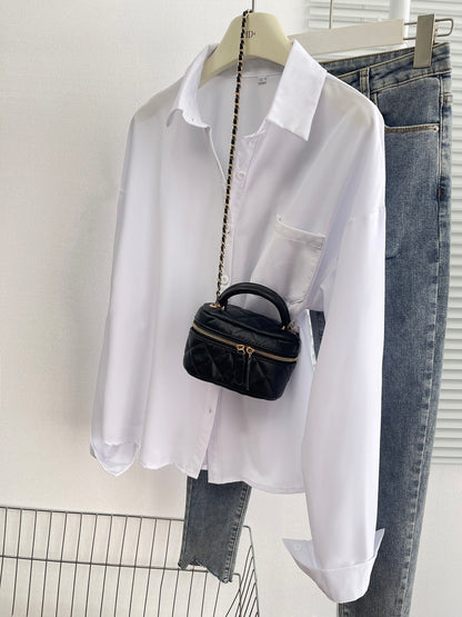New foreign trade cross-border European and American all-season versatile elegant loose long-sleeve turn-down collar shirt with back button slit