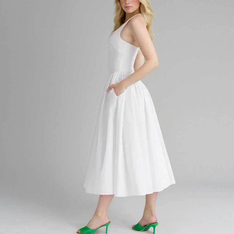 2026 spring new cross-border Amazon European and American clothing solid color temperament sexy V-neck halterneck high-waisted dress