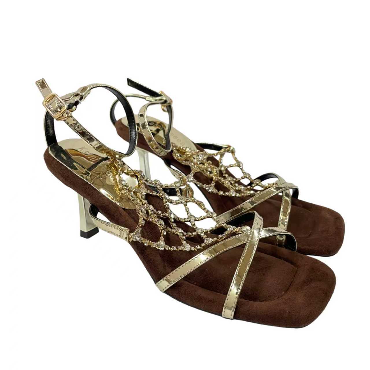 2026 New Grid Chain High Heel Square Toe Gold Silver Internet Celebrity Style Temperament Metal Open-toe Sandals for Women