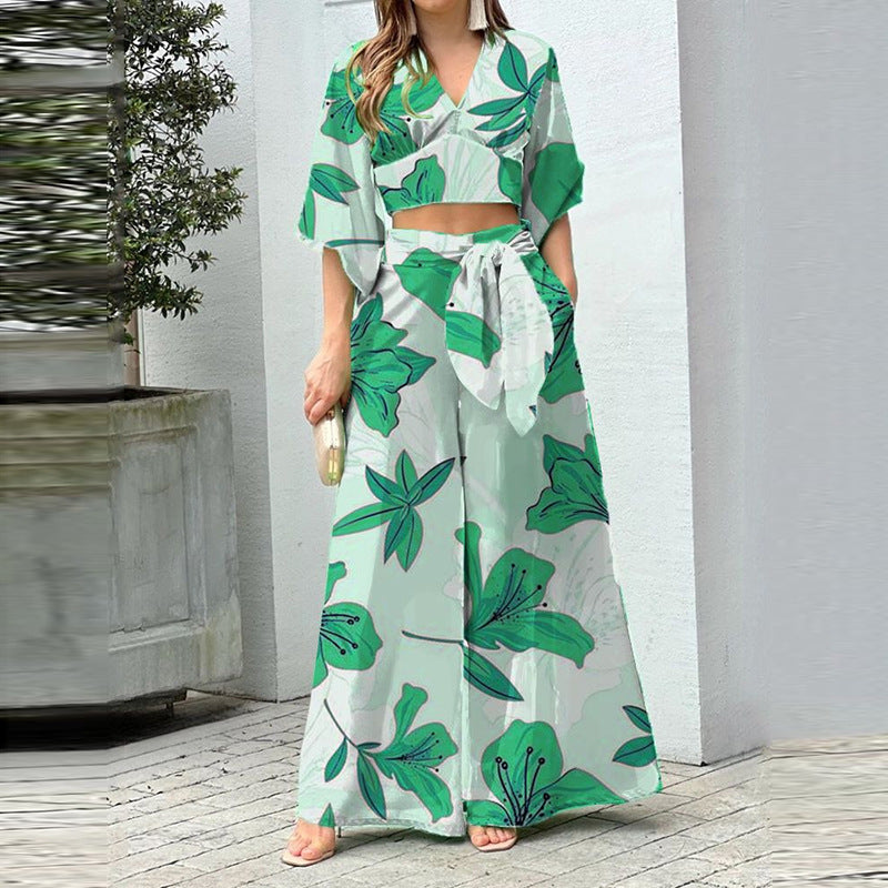 2026 Amazon European and American Women's V-neck lantern sleeves long sleeve short top wide-leg pants fashion suit women's two-piece set