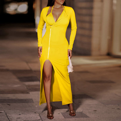 2025 summer new cross-border European and American fashion dignified atmosphere solid color casual waist slit V-neck dress 661