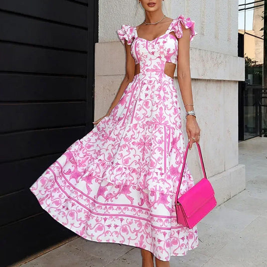 202 spring new cross-border European and beautiful women's clothing flying sleeve printed women's hollow waist extra-long dress