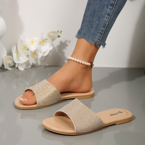 Cross-border women's shoes one-line sequin fashion slippers classic temperament versatility solid color metal decoration round toe flat sole for comfort