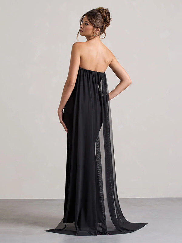 2025 new cross-border European and beautiful clothing temperament solid color sexy bandeau slim body wrapping hip mopping dress dress for women