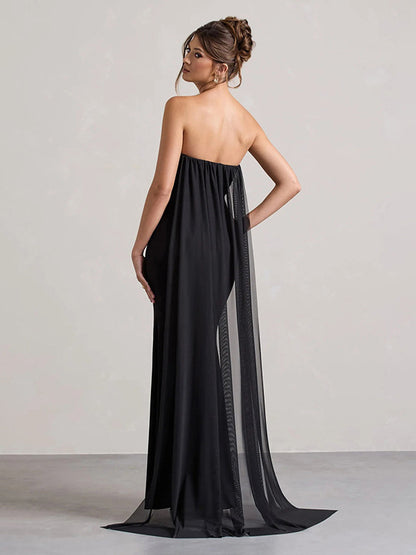 2025 new cross-border European and beautiful clothing temperament solid color sexy bandeau slim body wrapping hip mopping dress dress for women