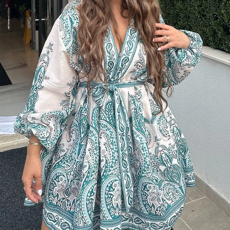 2026 Spring New Amazon European Women's Clothing Elegant and Fashionable V-Neck Loose Lace-Up Waist Dress