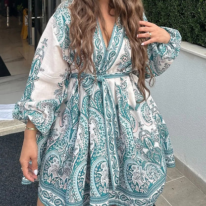 2026 Spring New Amazon European Women's Clothing Elegant and Fashionable V-Neck Loose Lace-Up Waist Dress