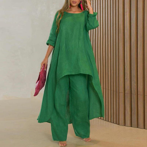 2026 spring new cross-border European and beautiful clothing temperament elegant and loose solid color fashion crew neck wide-leg pants two-piece set