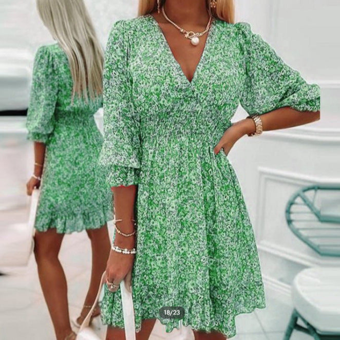Amazon foreign trade European beauty clothing wish AliExpress ebay floral skirt dress short sleeve bohemian high waist