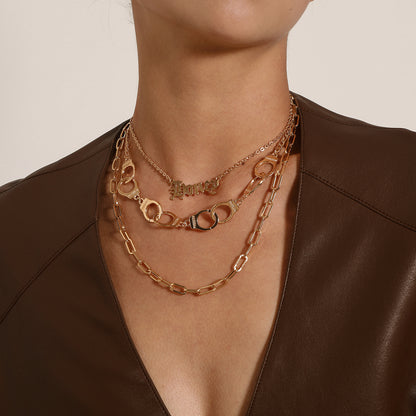 European and American cross-border jewelry, fashion English letters, handcuffs, pendants, necklaces, women, multi-layered punk exaggerated trend necklaces