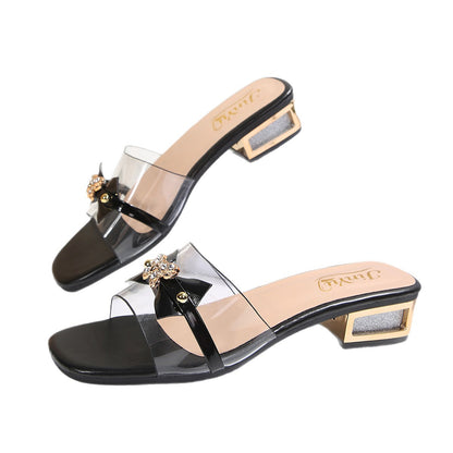 European and American cross-border foreign trade wholesale high-heeled sandals for women, elegant versatile decorative buttoned square-toe sandals