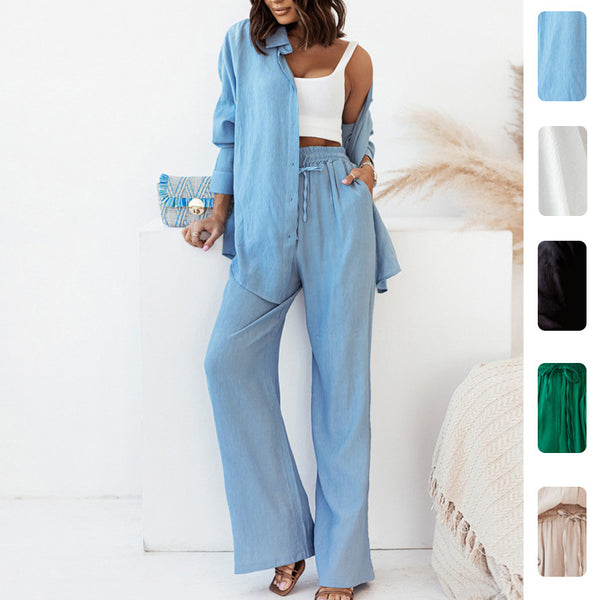 2026 spring new cross-border European and American clothing fashion temperament solid color lapel shirt high-waisted trousers two-piece set for women