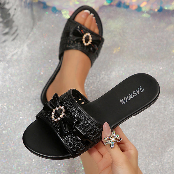 European and American cross-border women's shoes, export fashion slippers, classic elegance, versatile solid color metallic decorative round-toe flat sandals